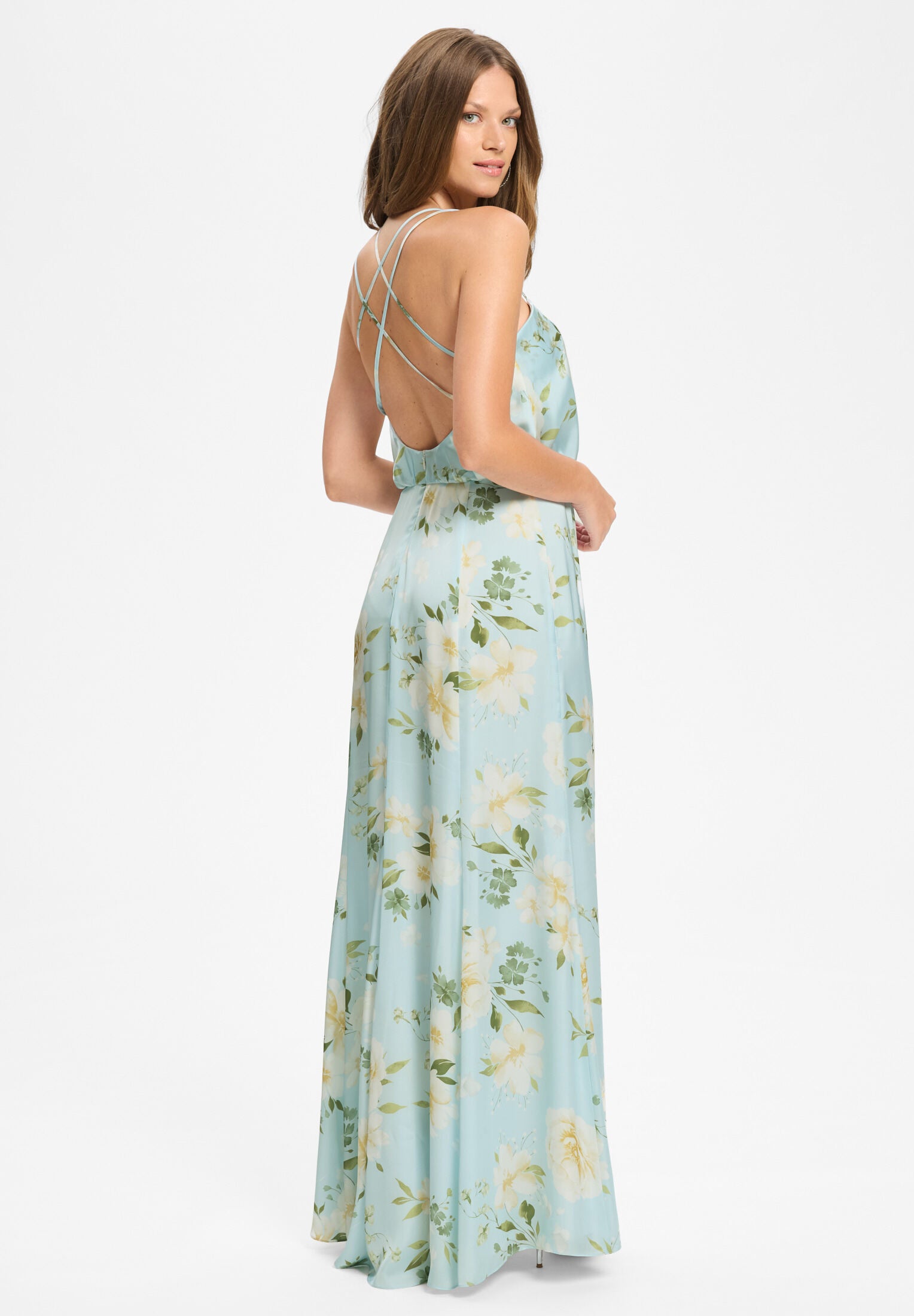 Abendkleid aus floral bedrucktem Satin mit gekreuzten Spaghettiträgern