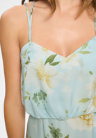 Abendkleid aus floral bedrucktem Satin mit gekreuzten Spaghettiträgern