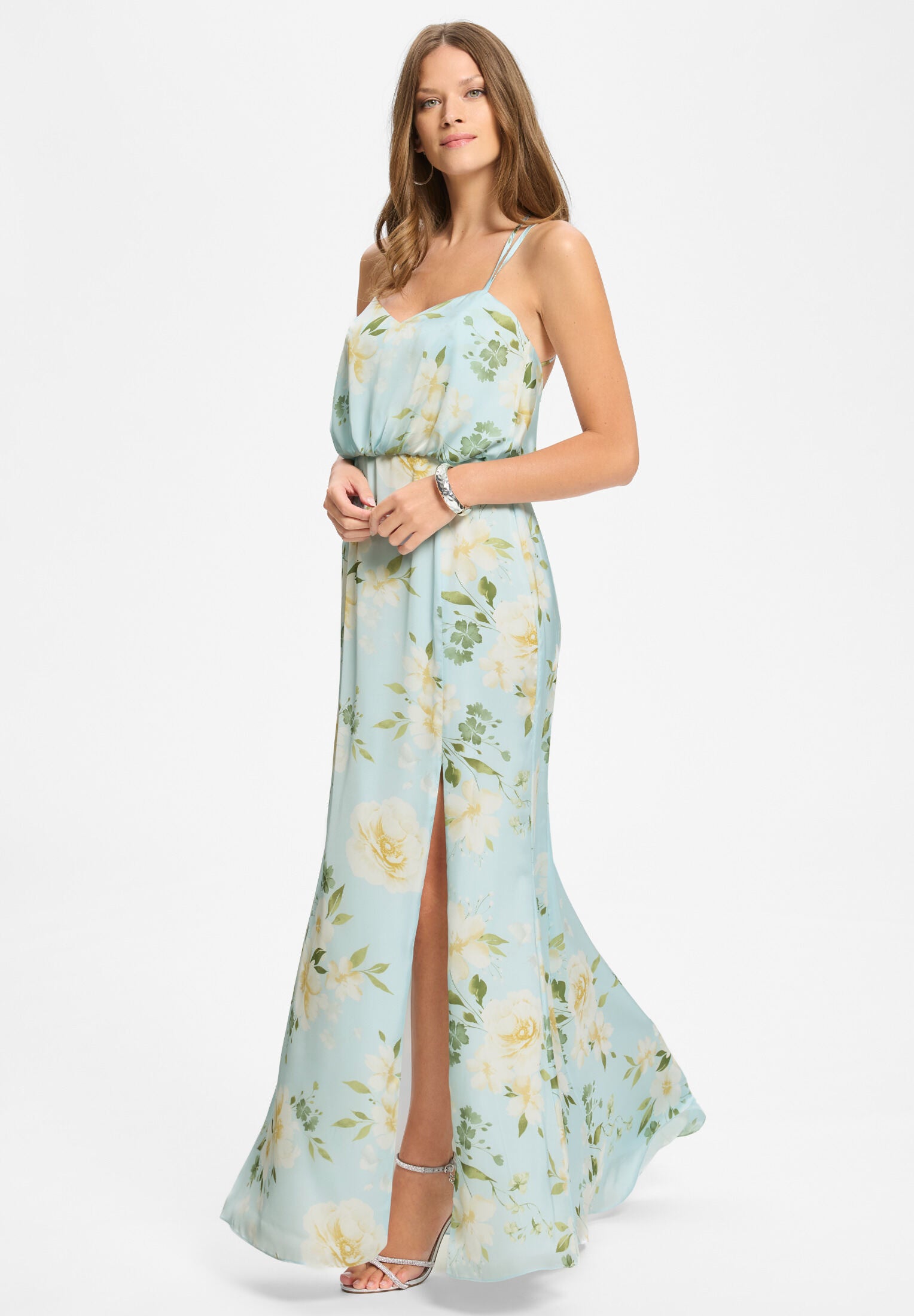 Abendkleid aus floral bedrucktem Satin mit gekreuzten Spaghettiträgern