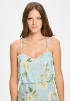 Abendkleid aus floral bedrucktem Satin mit gekreuzten Spaghettiträgern