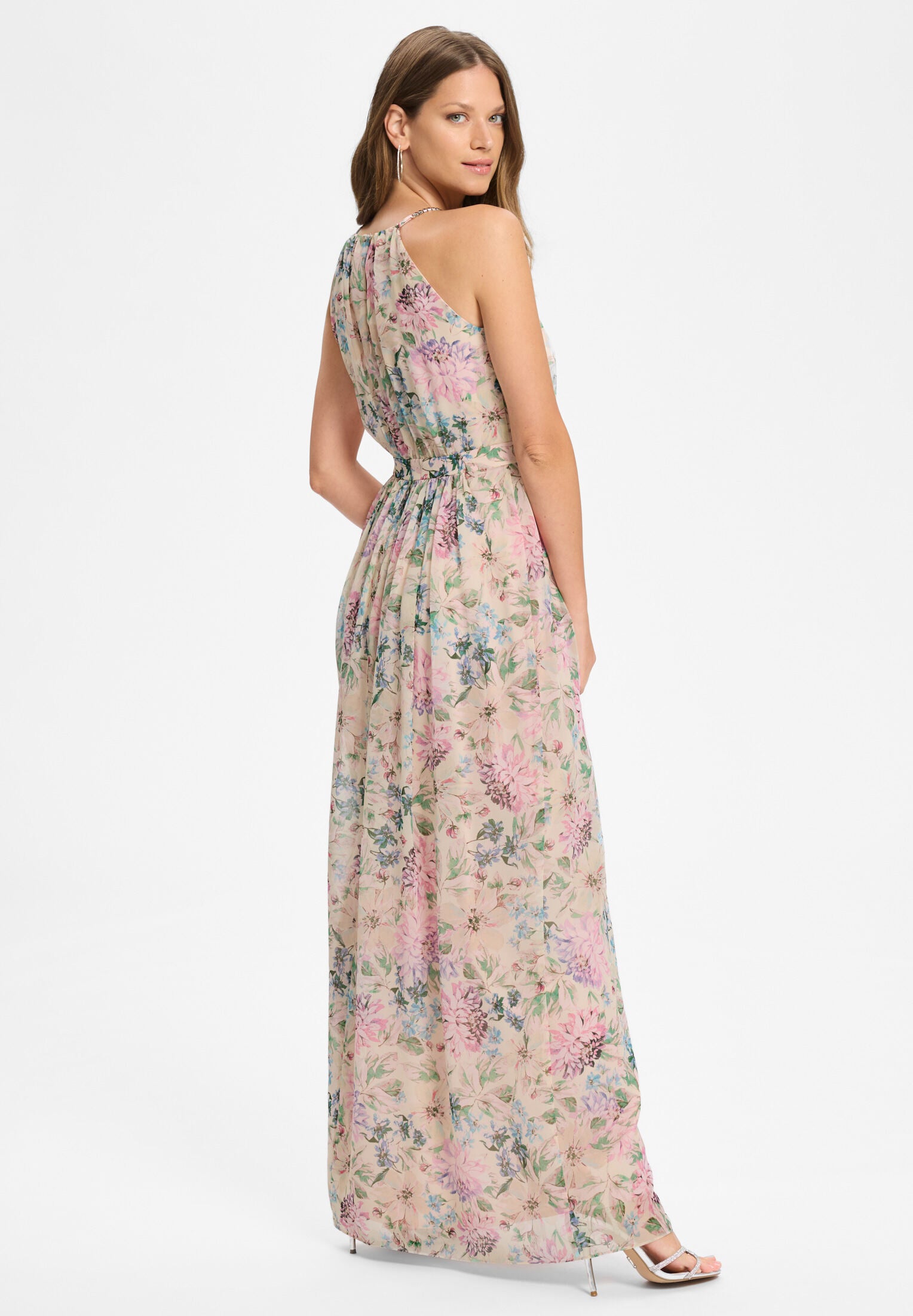 Abendkleid aus floral bedrucktem Chiffon mit Zierträgern