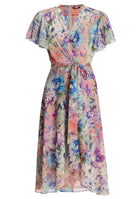 Midi Kleid in Wickel Optik aus bedrucktem Chiffon mit Metallicfäden