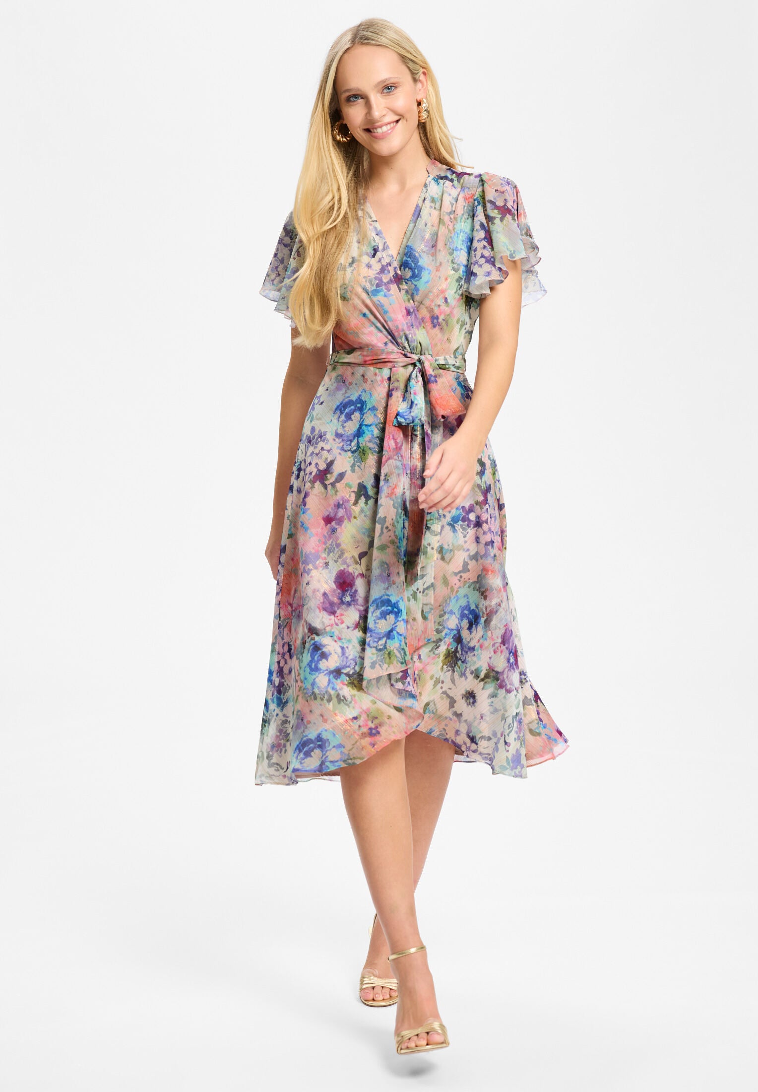 Midi Kleid in Wickel Optik aus bedrucktem Chiffon mit Metallicfäden burnt orange | multi