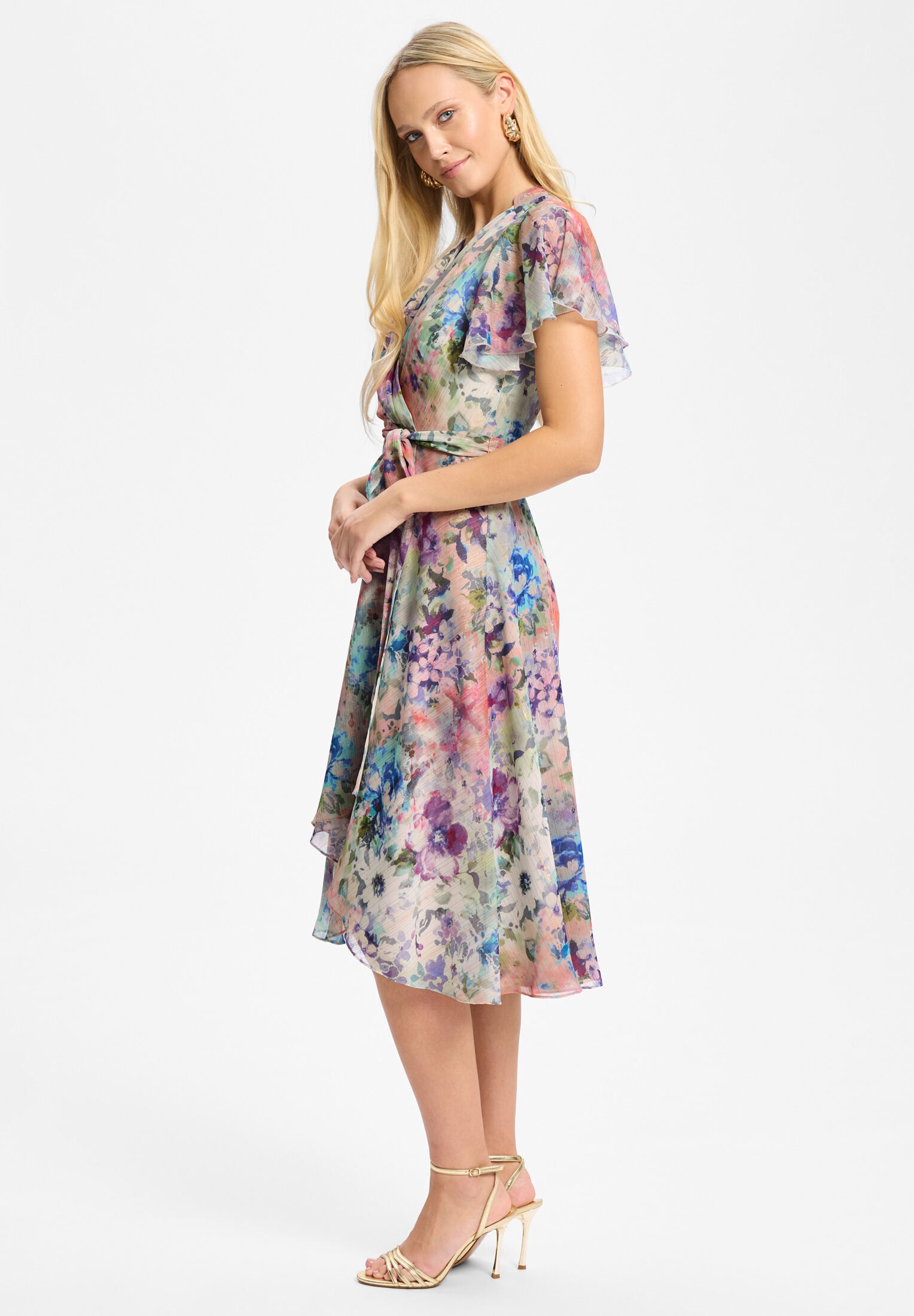 Midi Kleid in Wickel Optik aus bedrucktem Chiffon mit Metallicfäden