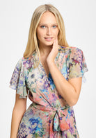 Midi Kleid in Wickel Optik aus bedrucktem Chiffon mit Metallicfäden