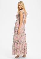 Maxikleid aus floral bedrucktem Chiffon mit Rüschen und Volants