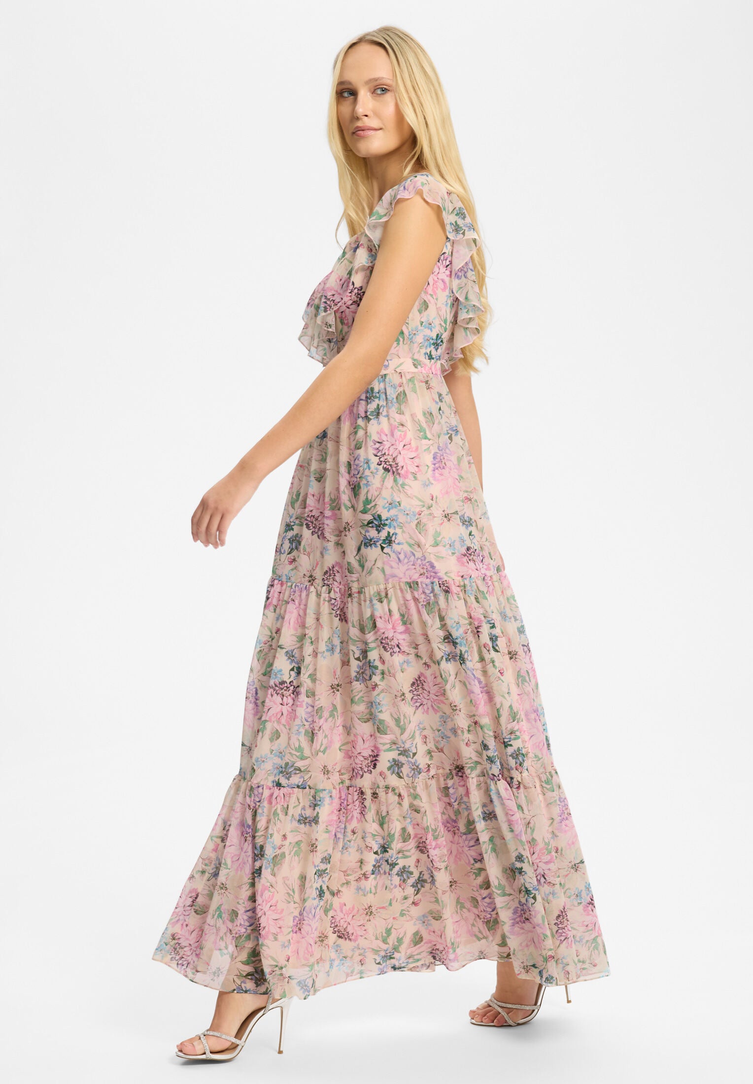 Maxikleid aus floral bedrucktem Chiffon mit Rüschen und Volants
