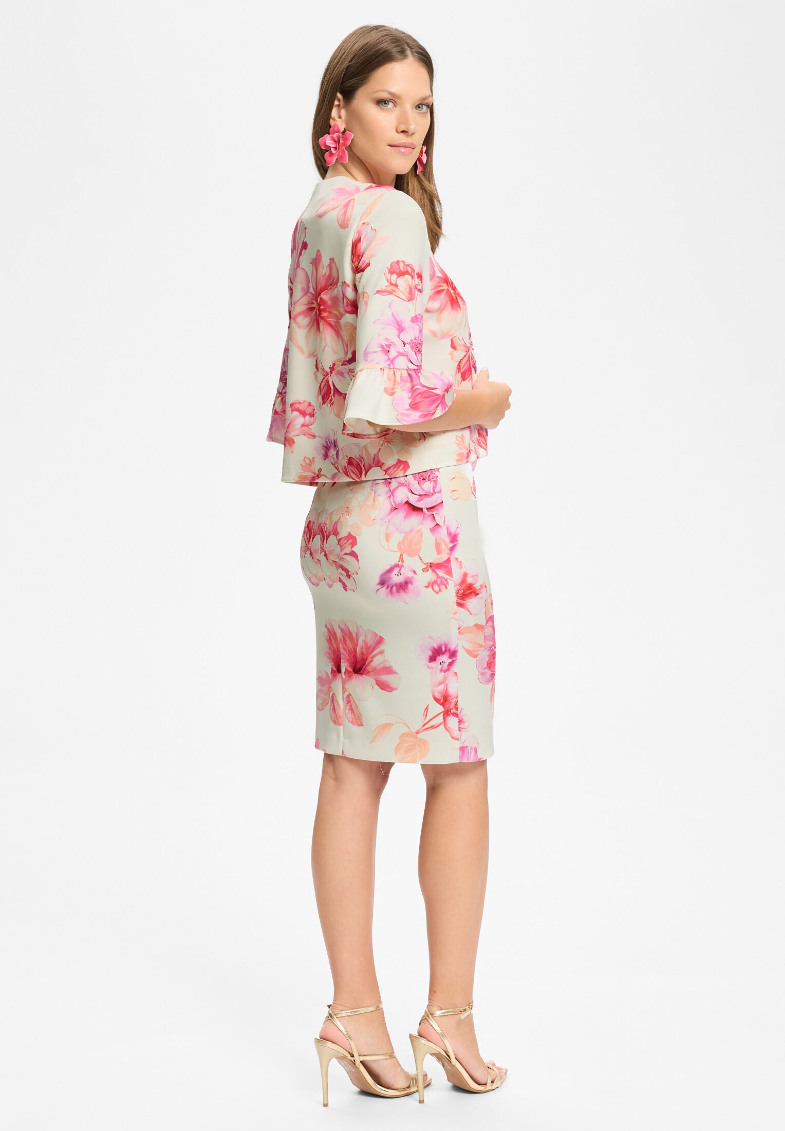 Kastige Jacke aus bedrucktem Scuba mit Rüsche am Ärmelsaum