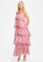 Abendkleid aus bedrucktem Chiffon mit gestuften Volants und Stoffblüte pink | multi