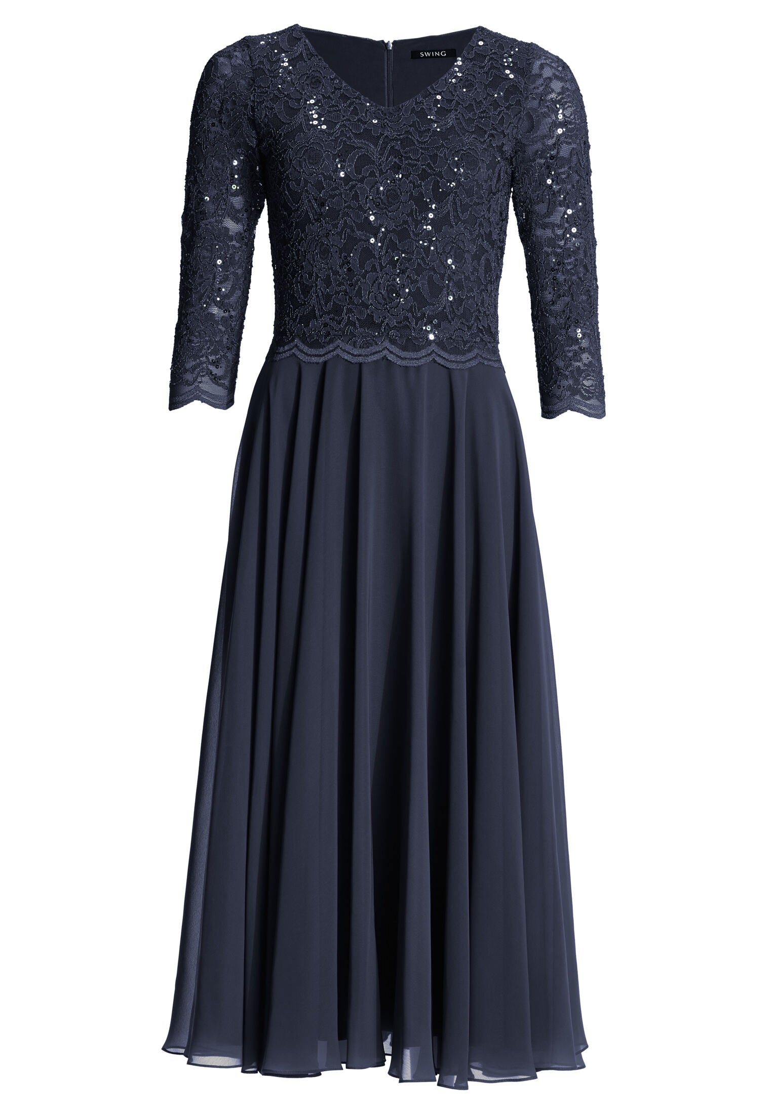 Midi Kleid mit paillettenbesetztem Spitzenoberteil