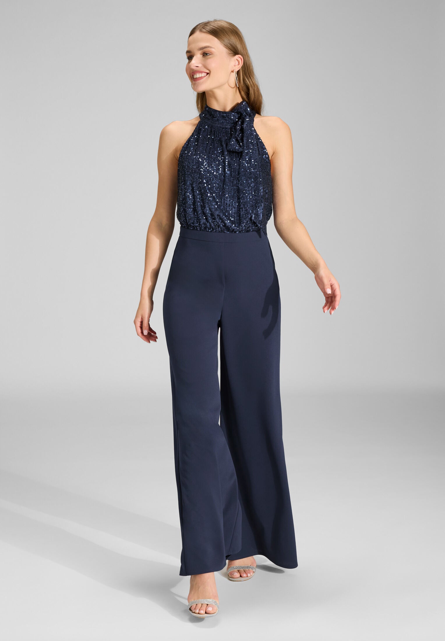 Ärmelloser Jumpsuit mit Schluppenblusen Top aus elastischer Paillette