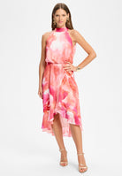 Cocktail Kleid aus bedrucktem Chiffon mit Volant am Saum