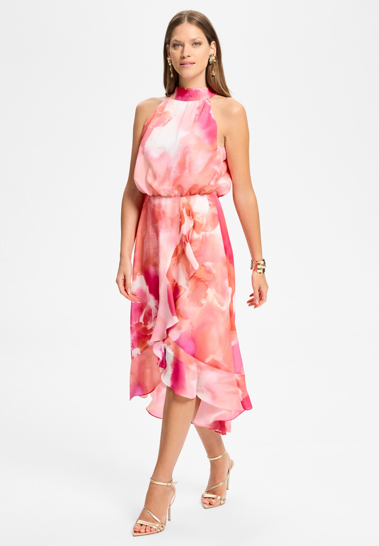 Cocktail Kleid aus bedrucktem Chiffon mit Volant am Saum