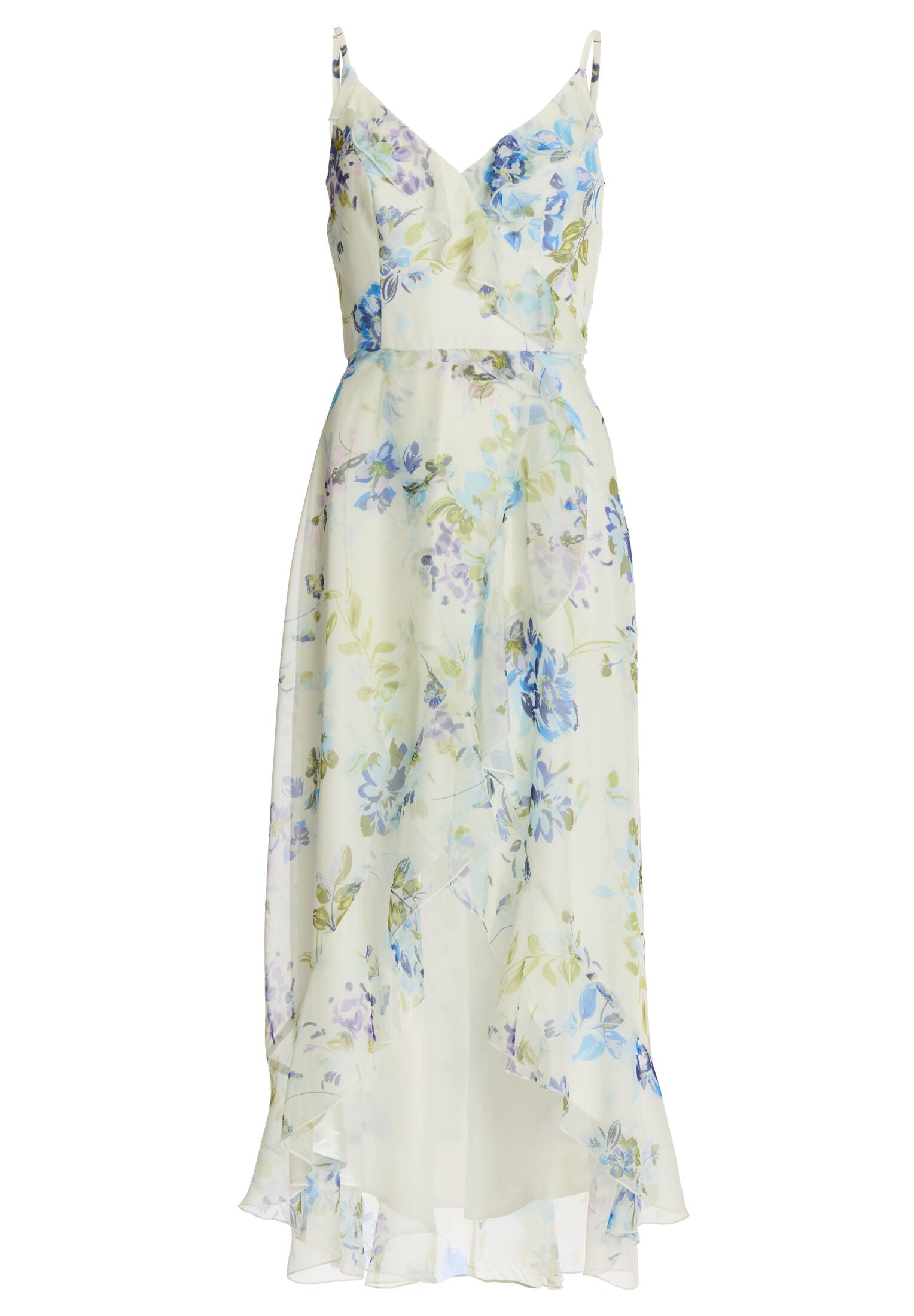 Abendkleid aus floral bedrucktem Chiffon mit Vokuhila Saum und Volants