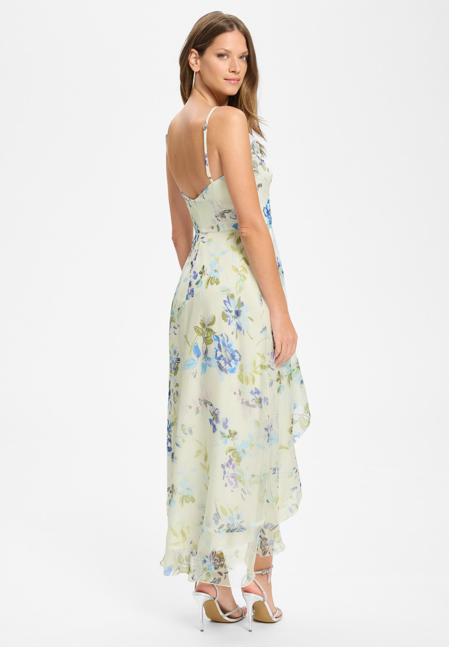 Abendkleid aus floral bedrucktem Chiffon mit Vokuhila Saum und Volants