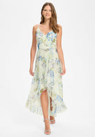 Abendkleid aus floral bedrucktem Chiffon mit Vokuhila Saum und Volants ivory | multi