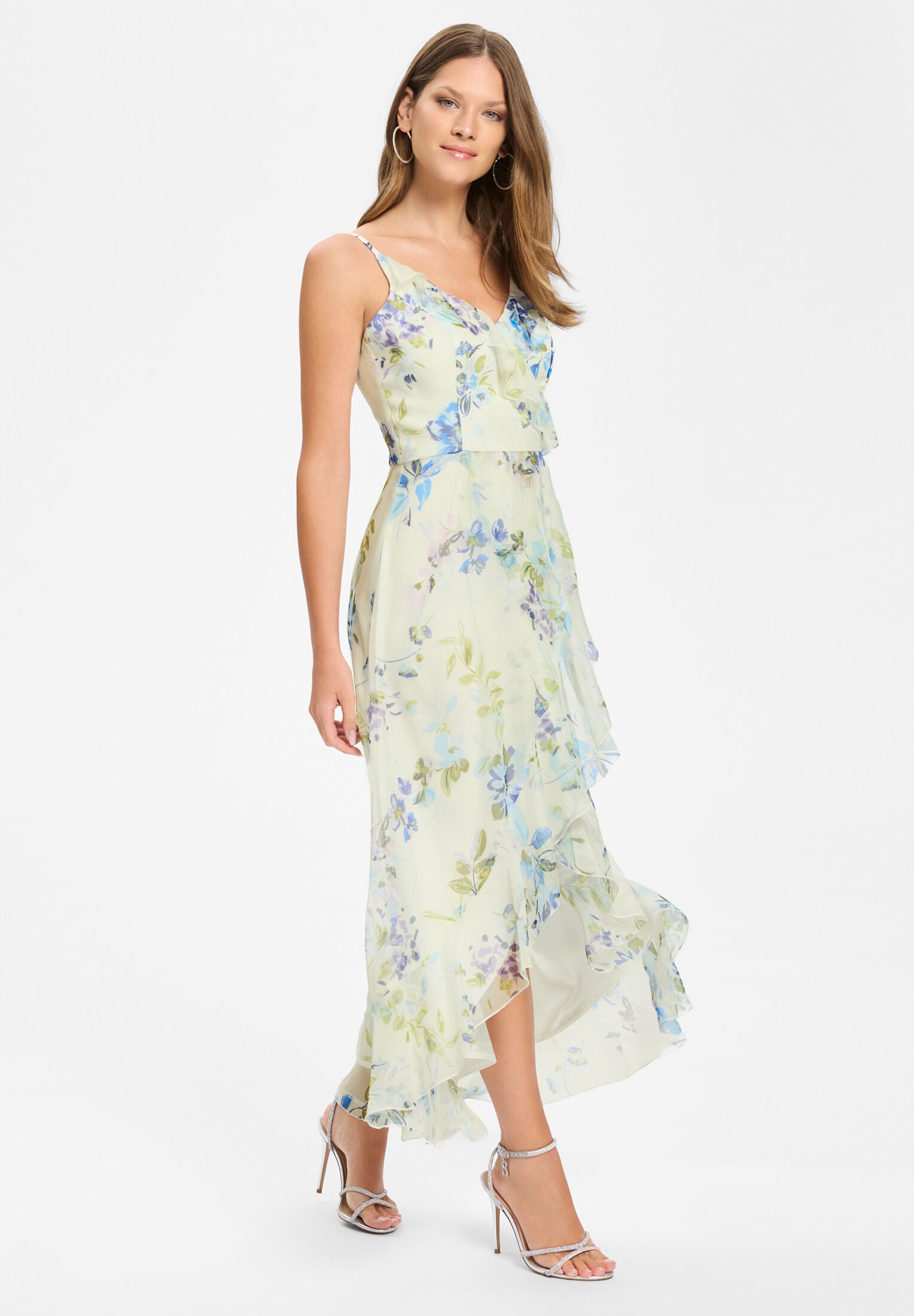 Abendkleid aus floral bedrucktem Chiffon mit Vokuhila Saum und Volants