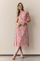 Midi Kleid aus bedrucktem Plissee Jersey mit kurzen Ärmeln raspberry pink | multi