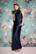 Abendkleid aus Jersey Satin mit Drapierung am Kragen navy
