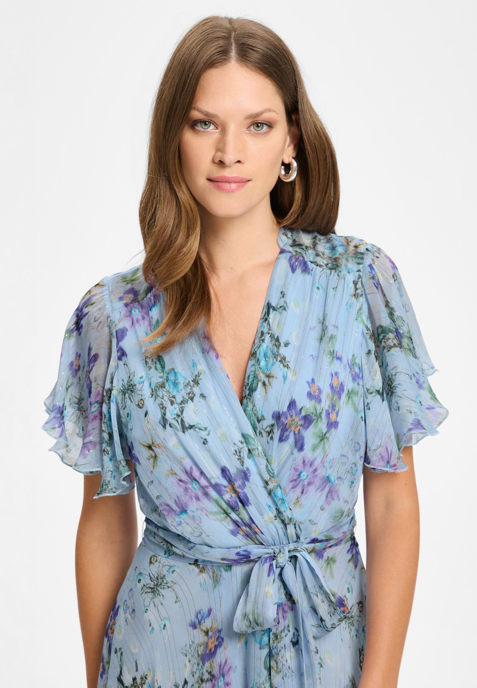 Midi Kleid in Wickel Optik aus Chiffon mit Metallicfäden