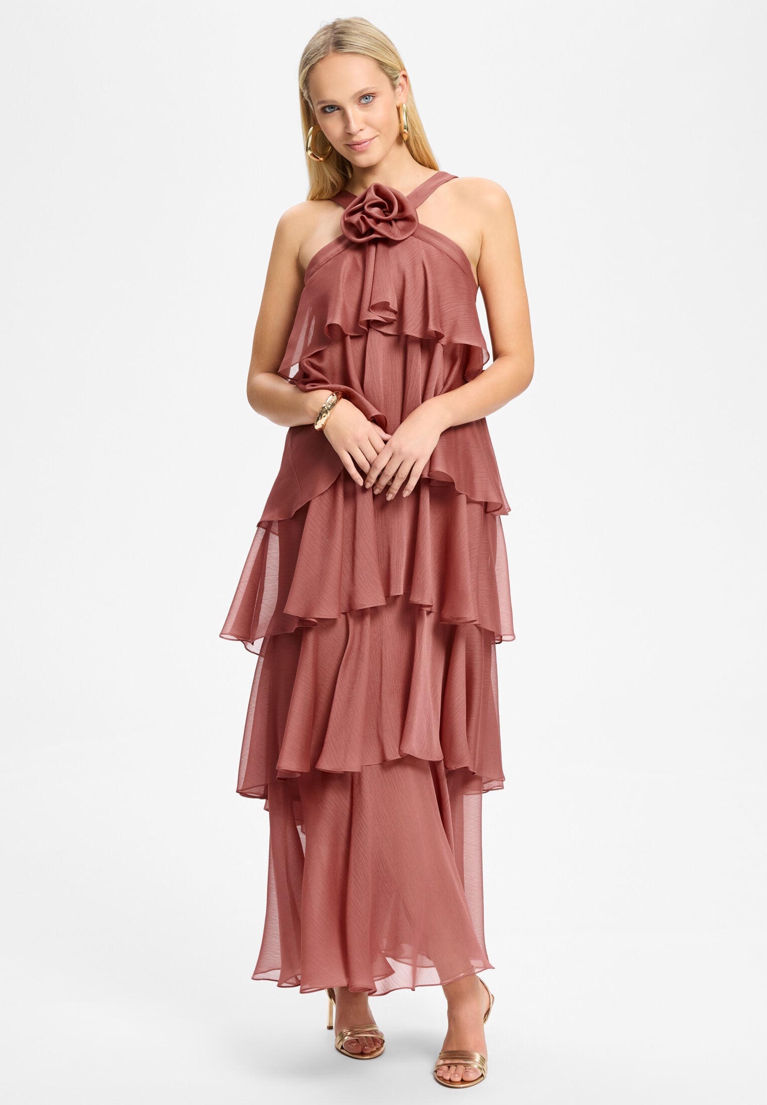 Abendkleid aus Crinkle Chiffon mit gestuften Volants blush rose