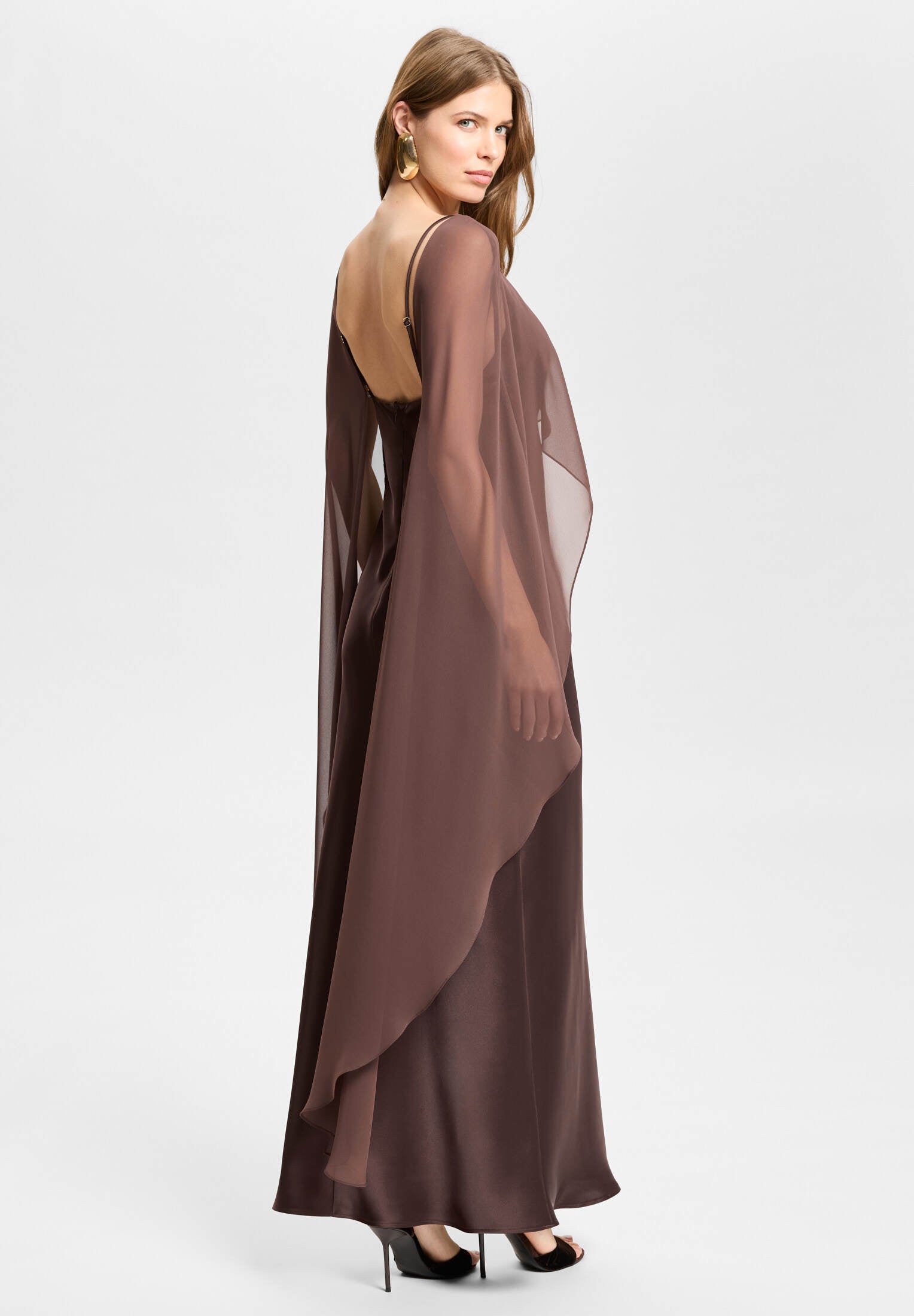 Abendkleid aus Satin mit abnehmbarem Chiffon Cape
