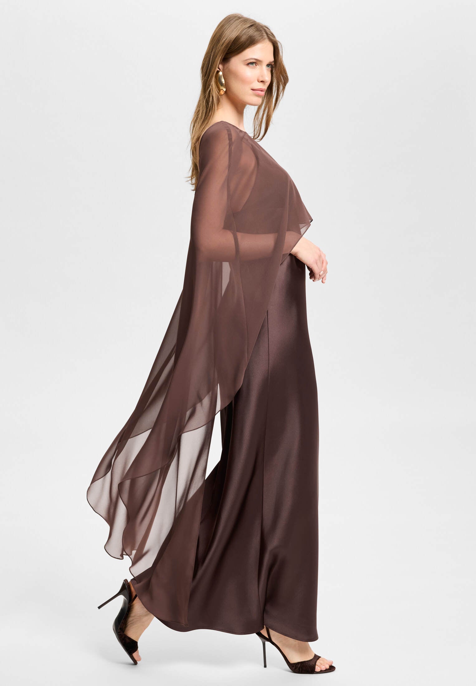 Abendkleid aus Satin mit abnehmbarem Chiffon Cape