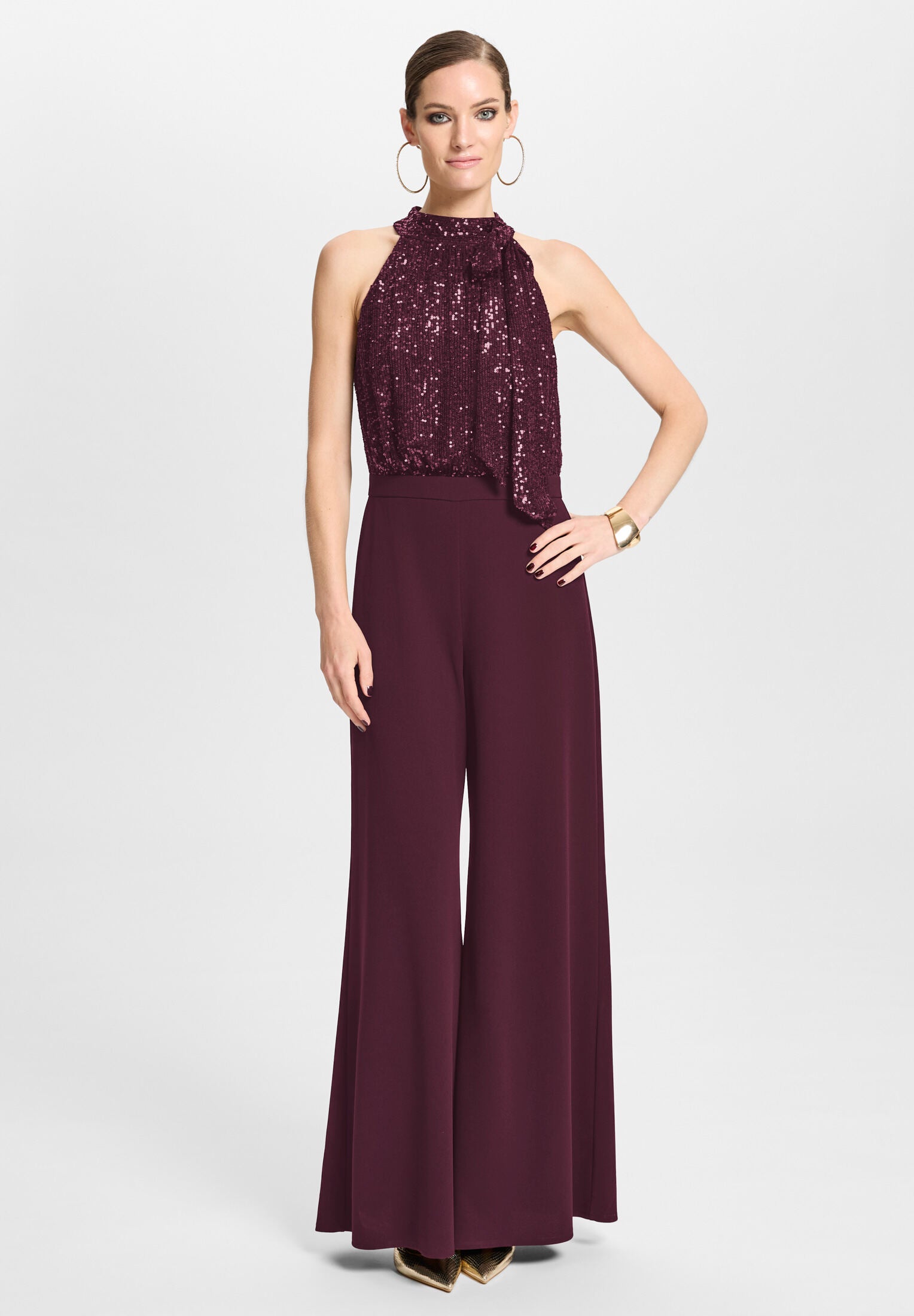 Ärmelloser Jumpsuit mit Schluppenblusen Top aus elastischer Paillette