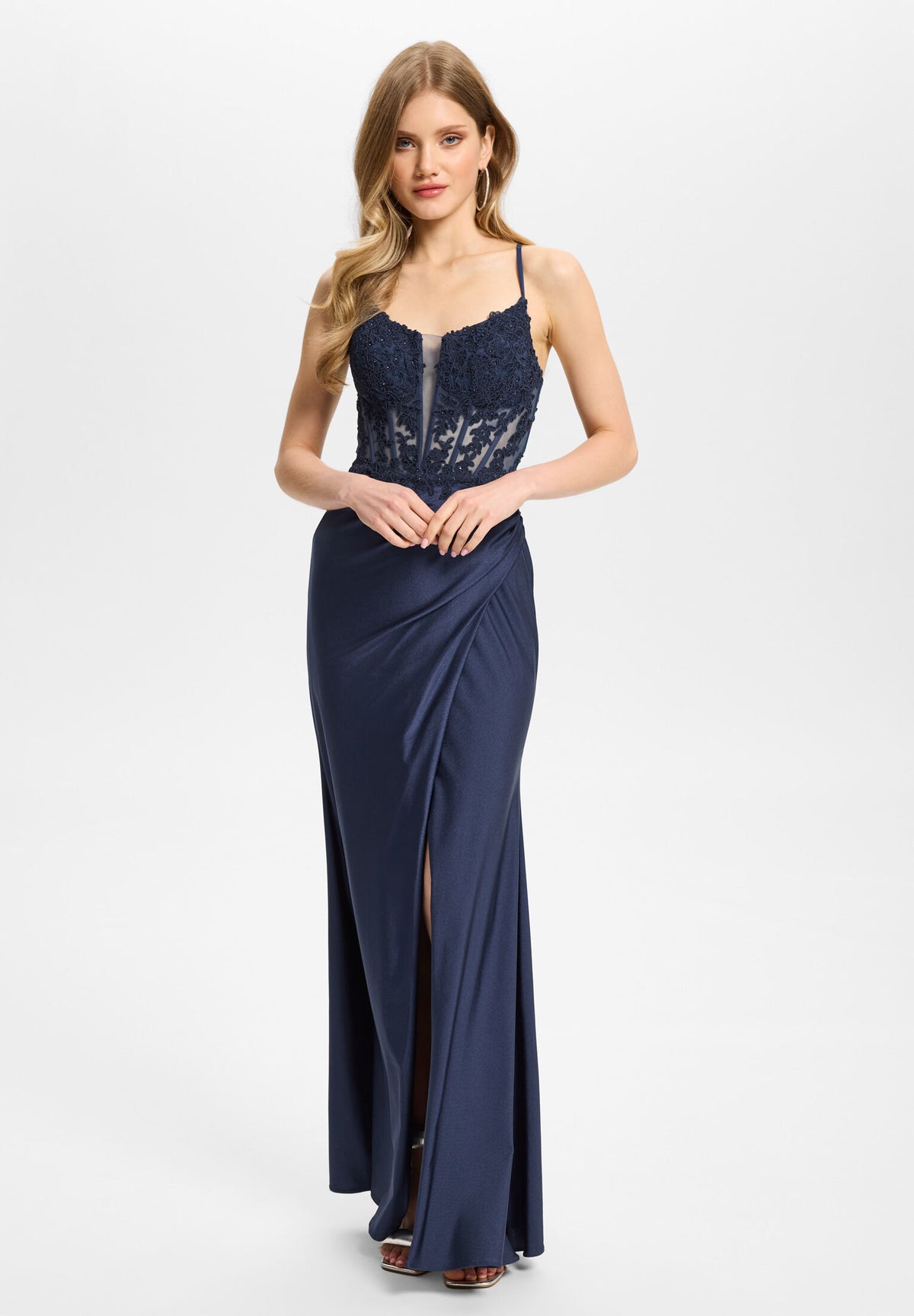 Bodycon Kleid mit Spitzenstickerei und Beinschlitz navy