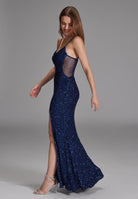 Slipdress mit transparenter Rückenpartie navy