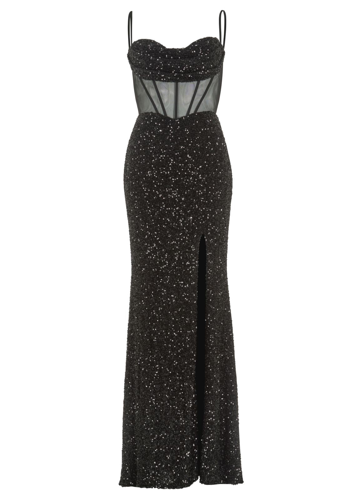 Paillettenkleid mit Taillenpart in See-through Optik