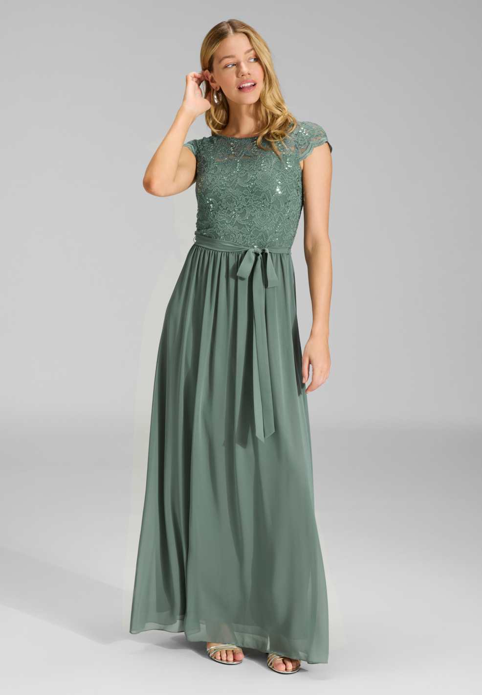 Abendkleid aus Chiffon mit paillettenbesetztem Spitzenoberteil
