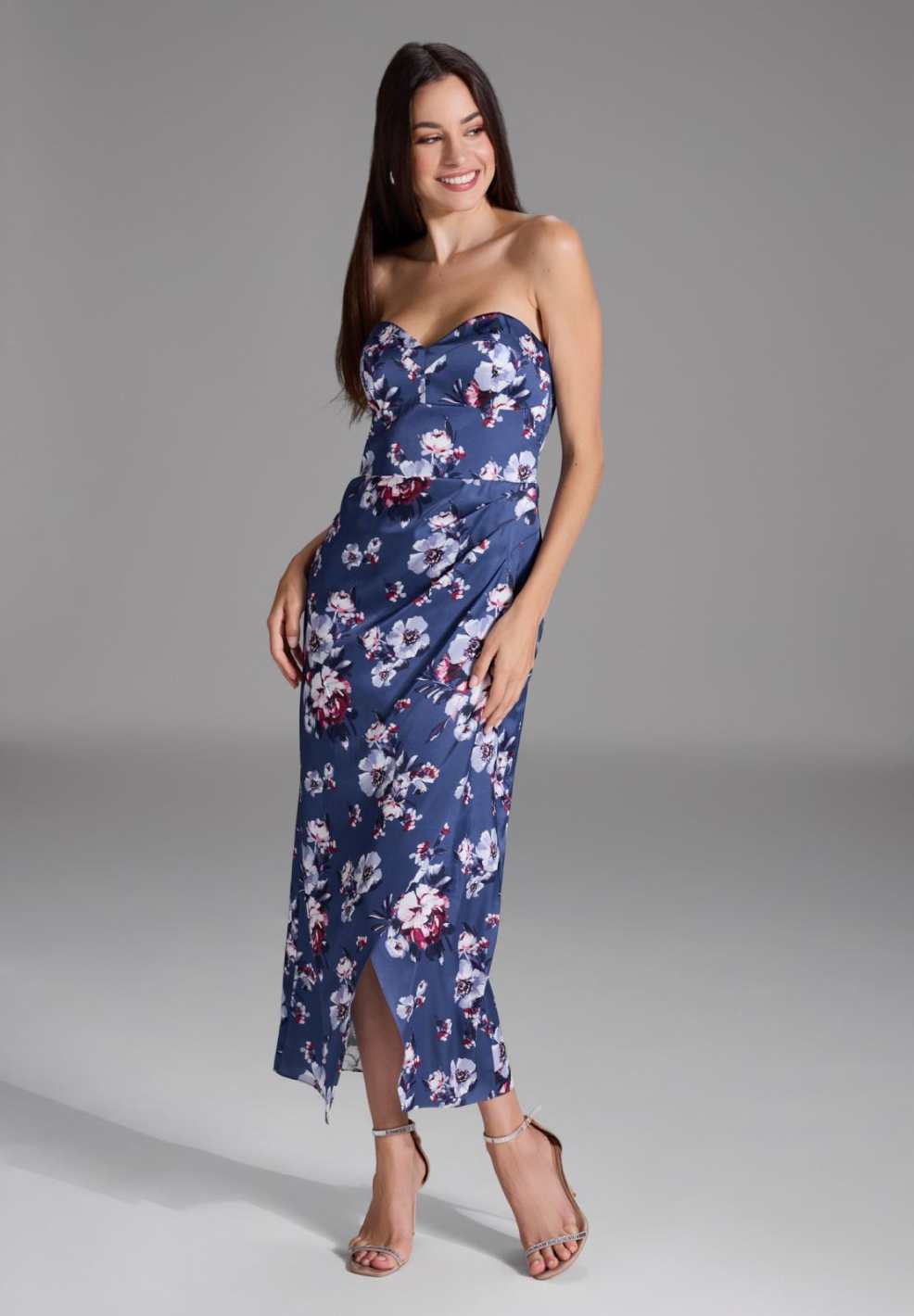 Abendkleid mit Corsage aus floral bedrucktem Satin future blue multi