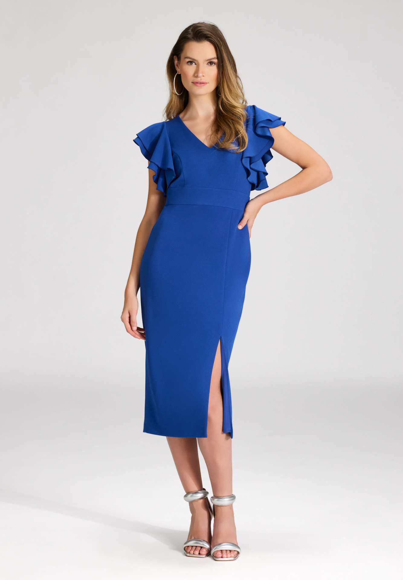 Etuikleid aus Crepe Jersey mit Volant Ärmeln royal blue