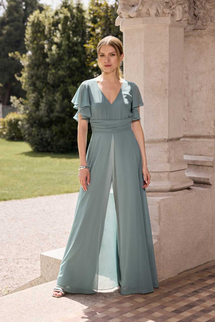 Chiffon Jumpsuit mit Überrock und Volantärmeln pistachio green