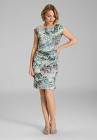 Etui Kleid aus floral bedrucktem Scuba mit Drapierung deep slate multi