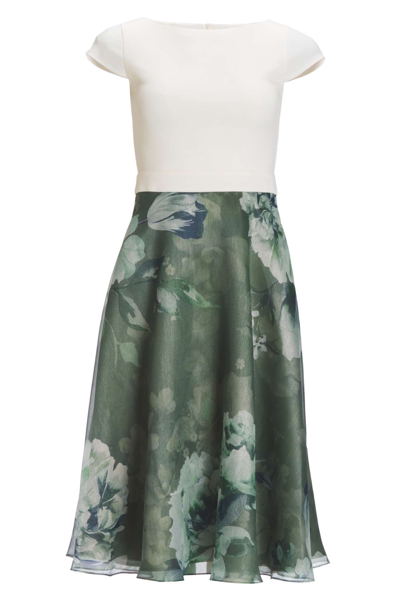 Cocktailkleid aus bedrucktem Organza mit Scuba Oberteil