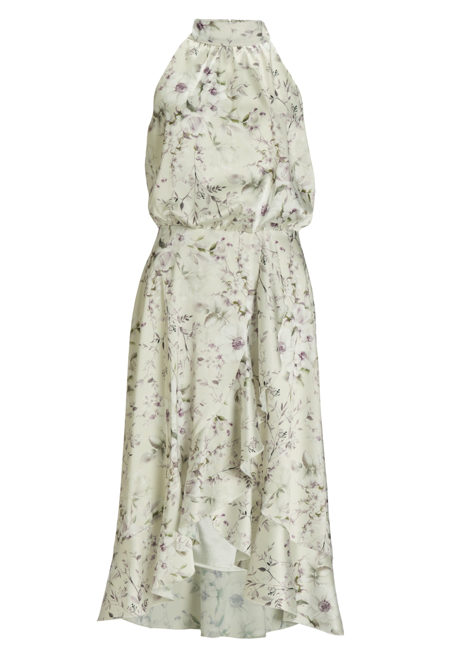 Cocktailkleid aus floral bedrucktem Satin mit Volant Saum