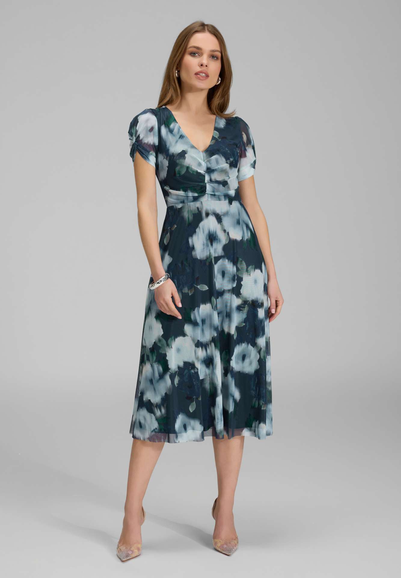 Midi Kleid mit Ärmel aus Mesh mit Ikat Druck navy multi