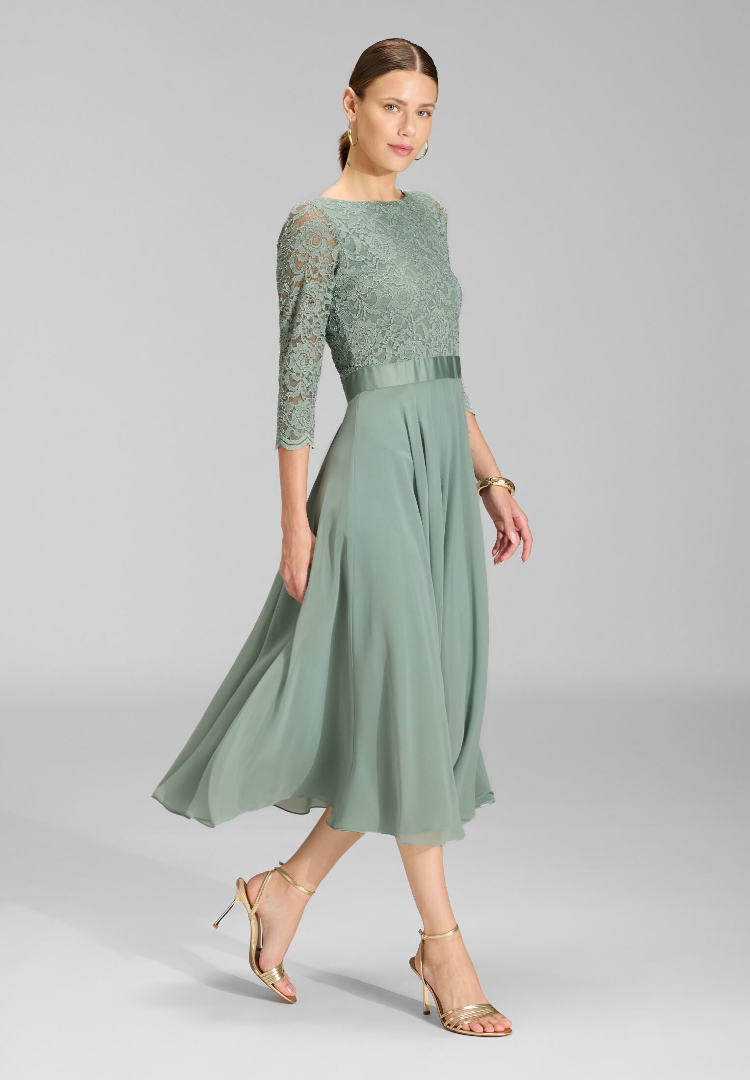 Abendkleid Midi mit Oberteil aus floraler Spitze und Chiffon Rock