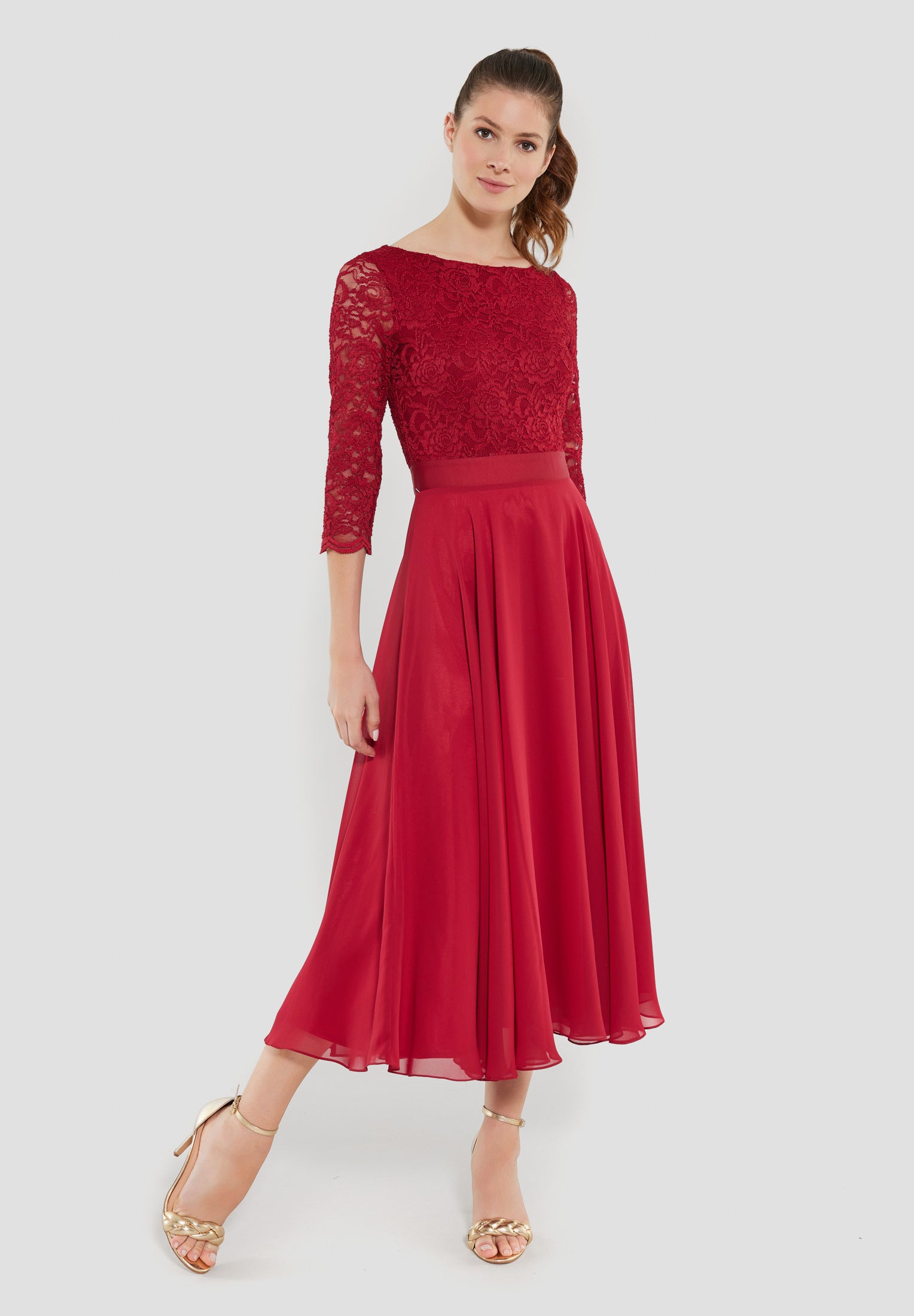 Abendkleid Midi mit Oberteil aus floraler Spitze und Chiffon Rock