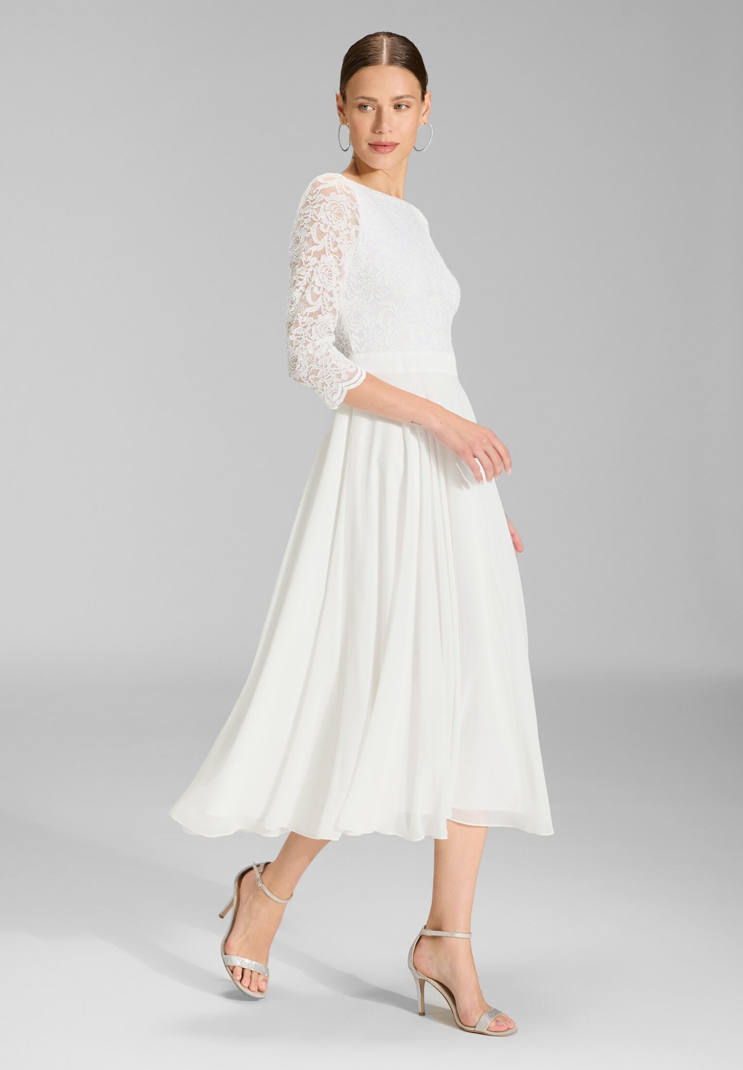 Abendkleid Midi mit Oberteil aus floraler Spitze und Chiffon Rock