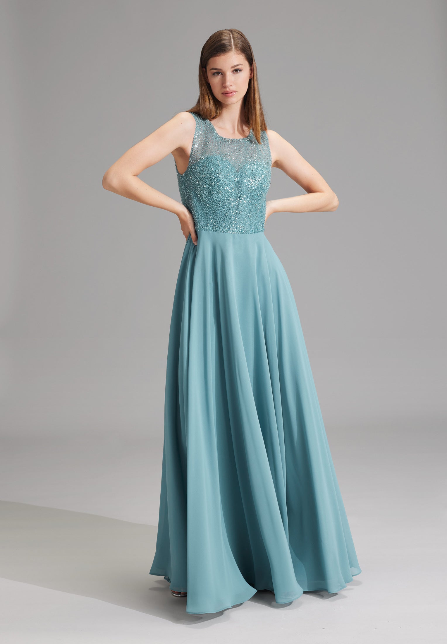 Abendkleid aus Material-Mix sea blue