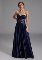See-through-Corsagenkleid mit Ziersteinen navy