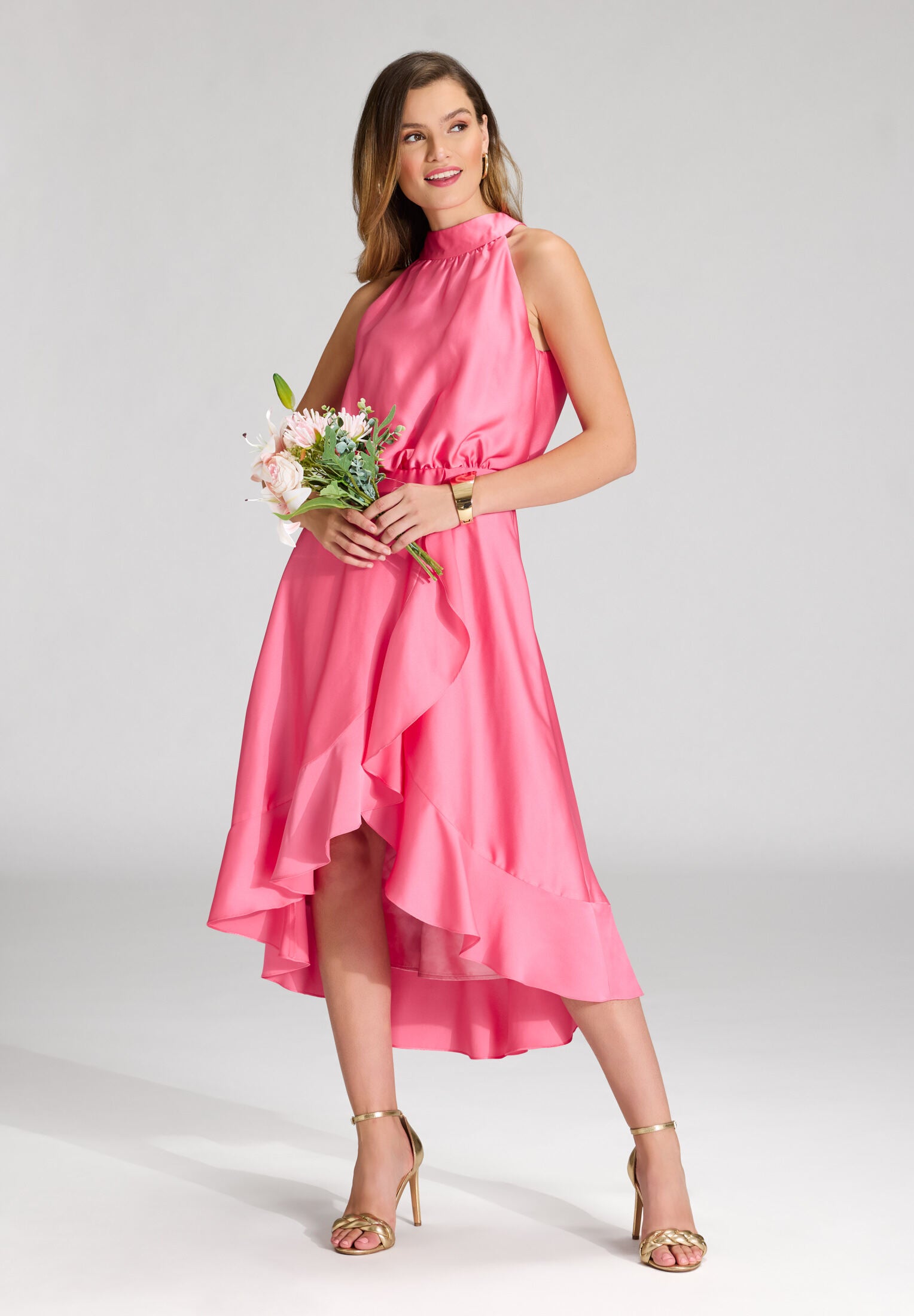 Cocktailkleid aus nachhaltigem Satin mit Volant am Saum hibiskus pink