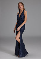 Neckholder Paillettenkleid mit Beinschlitz