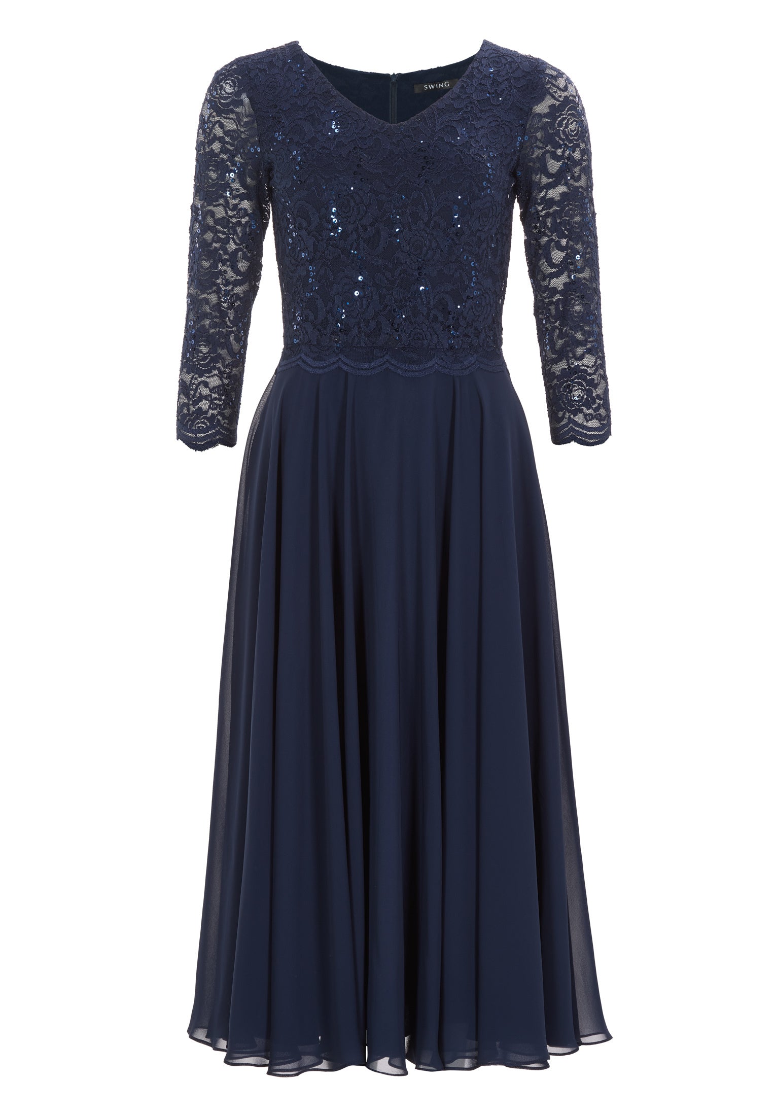 Midi Kleid mit paillettenbesetztem Spitzenoberteil