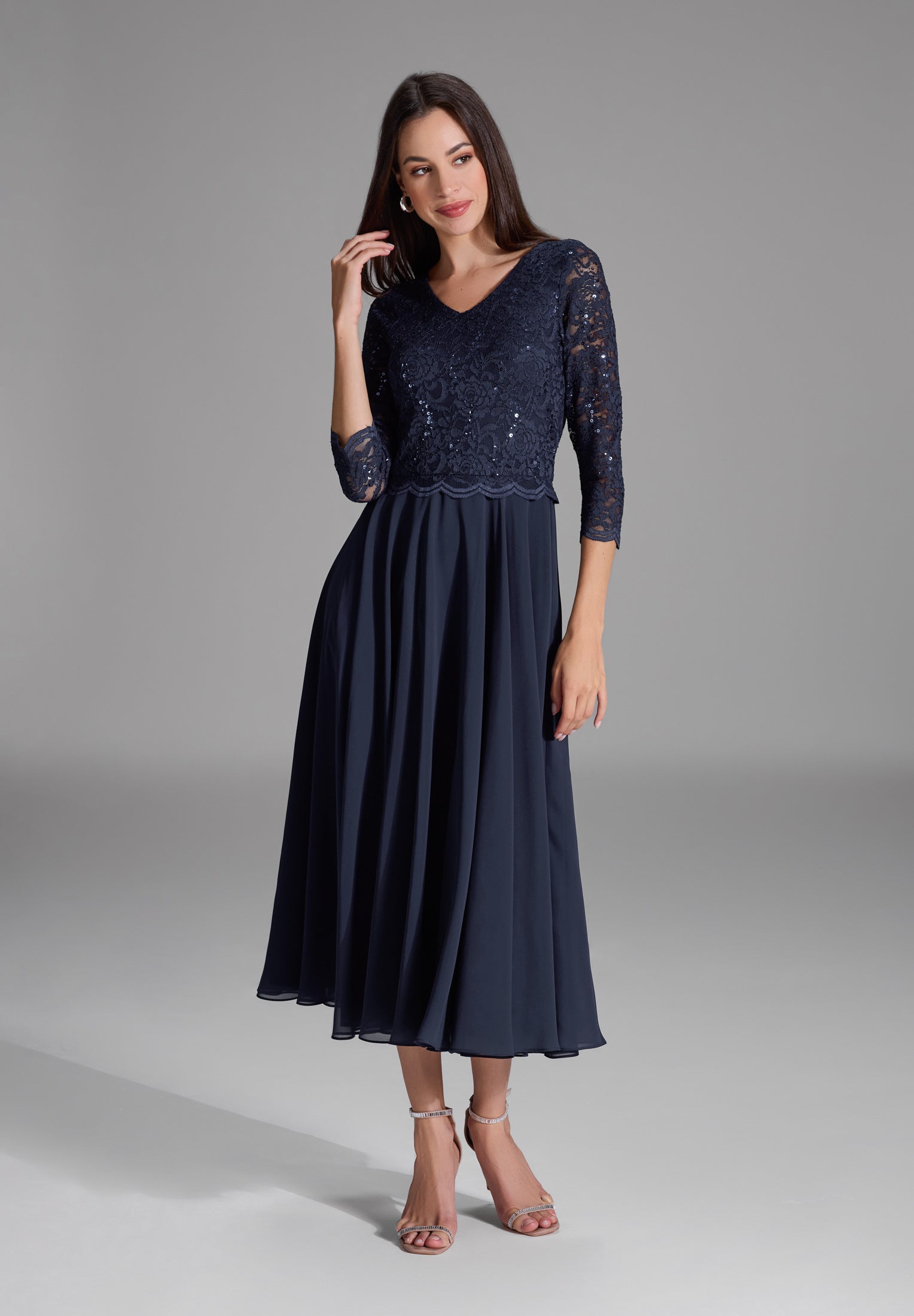 Midi Kleid mit paillettenbesetztem Spitzenoberteil navy
