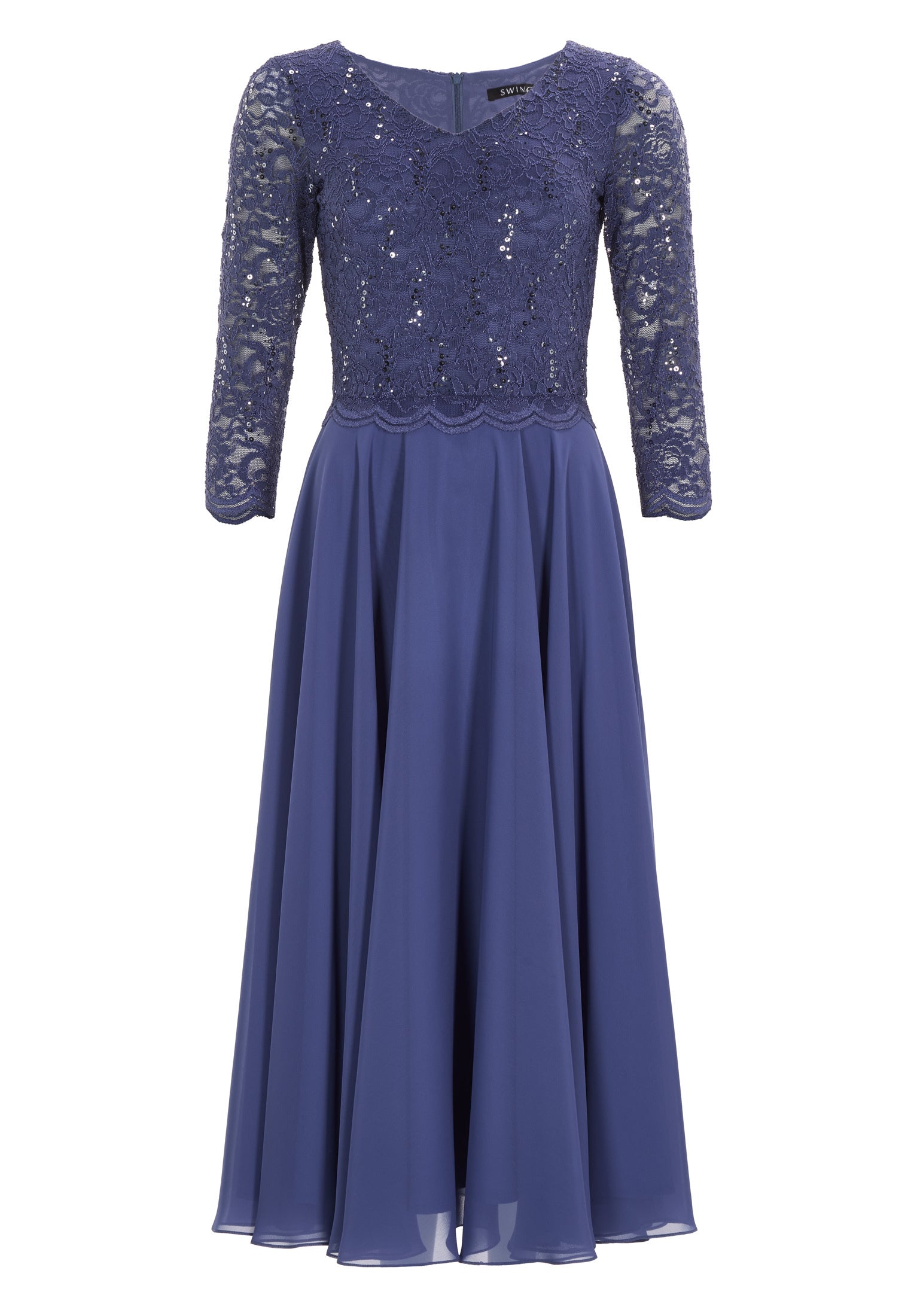 Midi Kleid mit paillettenbesetztem Spitzenoberteil