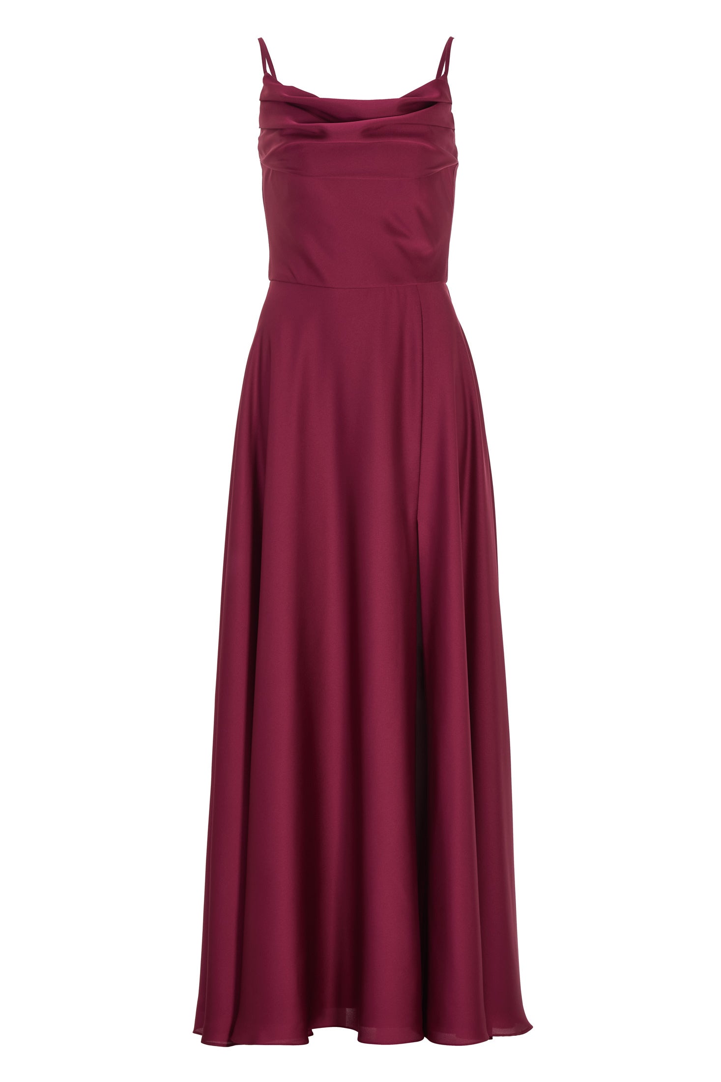 Abendkleid aus nachhaltigem Satin mit Wasserfall-Ausschnitt und Beinschlitz